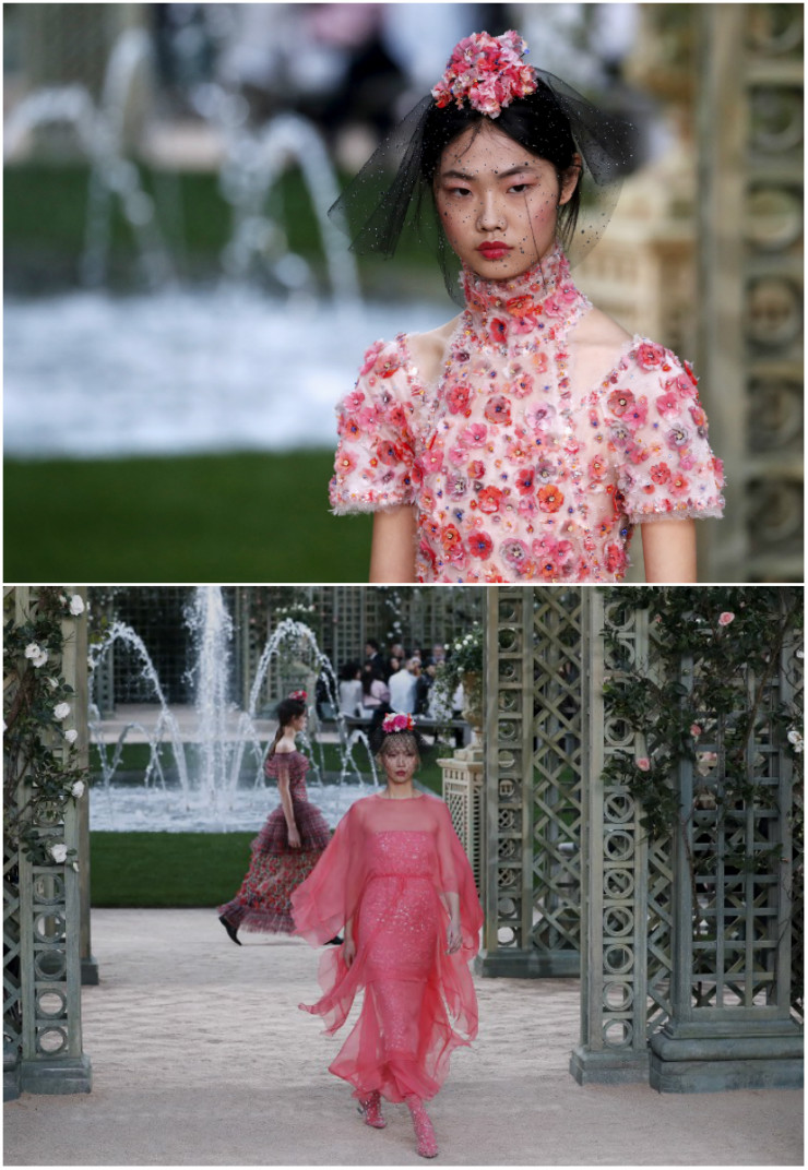 As modelos, com flores, arranjos e redes, caminharam com aura de princesas. Fotos: Patrick Kovarik/AFP/Divulgação