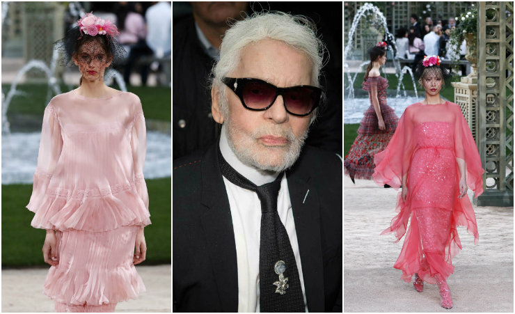 O jardim fúcsia da Chanel disputou atenção com o novo visual de Karl Lagerfeld, agora com barba. Fotos: AFP/Divulgação (desfile) e Getty Images/Divulgação (Karl)