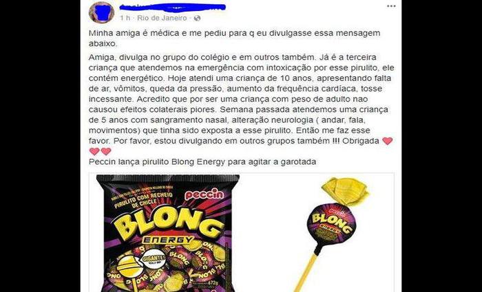 Mensagem que está circulando no Facebook e no WhatsApp diz que o pirulito Blong Energy, da Peccin, teria energético na fórmula e estaria fazendo afetando a saúde das crianças. Foto: Reprodução/Facebook/ Mensagem que está circulando no Facebook e no WhatsApp diz que o pirulito Blong Energy, da Peccin, teria energético na fórmula e estaria fazendo afetando a saúde das crianças. Foto: Reprodução/Facebook/