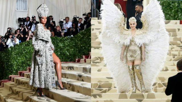 Rihanna aposta em look inspirado no papa, enquanto Katy Perry chegou com asas gigantes. Foto: Angela Weiss/AFP/ Rihanna aposta em look inspirado no papa, enquanto Katy Perry chegou com asas gigantes. Foto: Angela Weiss/AFP/