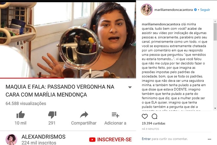 A postagem foi apagada pela cantora sertaneja. Foto: Reprodução/Instagram