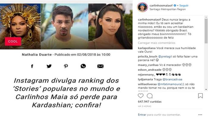 A lista dos mais visualizados conta ainda com nomes como, Beyoncé e Whindersson Nunes. Foto: Reprodução/Instagram