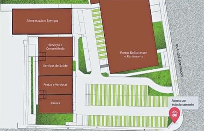 Planta mostra como será a disposição das lojas, que terá a Portus como âncora. Foto: Reprodução/ Planta mostra como será a disposição das lojas, que terá a Portus como âncora. Foto: Reprodução/