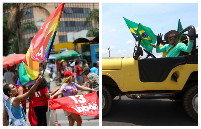 De um lado, livros e rosas recebem Haddad, do outro, bandeiras e camisas verde e amarelas saúdam Bolsonaro.
Foto: Marcelo Camargo/Agência Brasil./De um lado, livros e rosas recebem Haddad, do outro, bandeiras e camisas verde e amarelas saúdam Bolsonaro.
Foto: Marcelo Camargo/Agência Brasil.