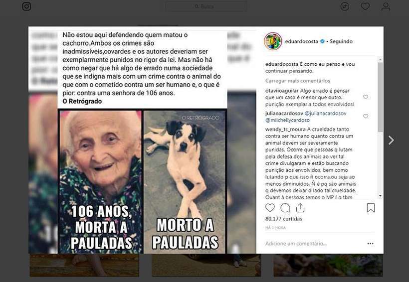 O cantor Eduardo Costa foi criticado pelos fãs ao dizer que a morte da cadela em SP não se compara ao assassinato da idosa de 106 anos. Foto: Instagram/eduardocosta/Reprodução/ O cantor Eduardo Costa foi criticado pelos fãs ao dizer que a morte da cadela em SP não se compara ao assassinato da idosa de 106 anos. Foto: Instagram/eduardocosta/Reprodução/