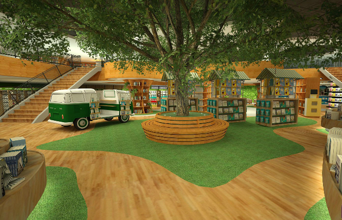 O espaço interno vai simular um jardim, com carpetes verdes, uma jaqueira gigante artificial e uma Kombi equipada com livros. Foto: Ponto 5 Arquitetura/Divulgação/ O espaço interno vai simular um jardim, com carpetes verdes, uma jaqueira gigante artificial e uma Kombi equipada com livros. Foto: Ponto 5 Arquitetura/Divulgação/