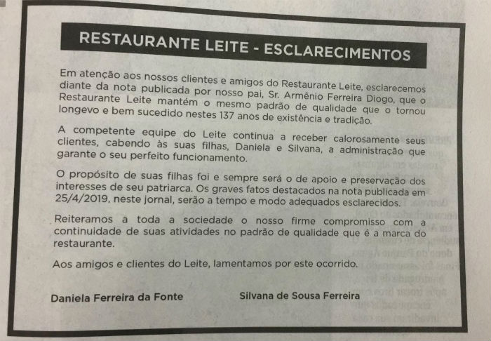 Filhas de Armênio também publicaram nota de esclarecimento. Foto: Reprodução. 