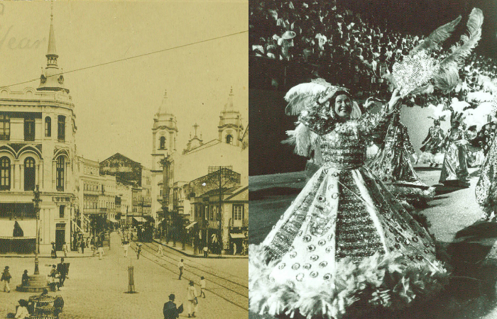 Praça da Independência em 1912 e Desfile do bloco Batutas de São Jose durante o Carnaval