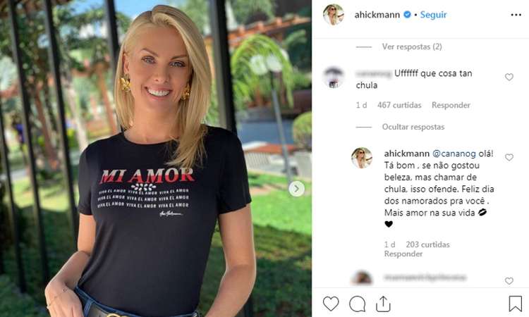 Apresentadora sentiu-se insultada com o comentário, feito em espanhol. Palavra "chula" pode ter vários significados, entre eles, "bonita", "legal" e "metida" Foto: Reprodução/Instagram/ Apresentadora sentiu-se insultada com o comentário, feito em espanhol. Palavra "chula" pode ter vários significados, entre eles, "bonita", "legal" e "metida" Foto: Reprodução/Instagram/