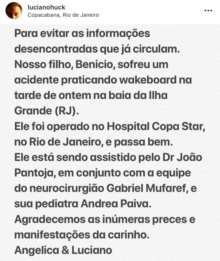 Comunicado de Luciano Huck via Instagram