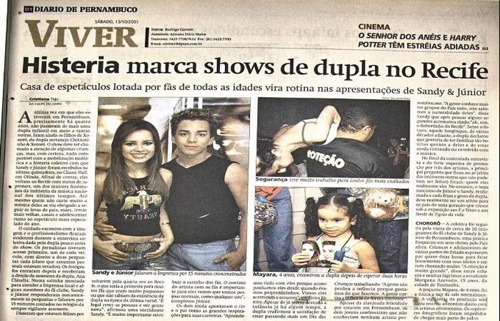Sandy e Júnior realizaram série de três shows na capital pernambucana, em 2001 - Foto: Diario de Pernambuco/Reprodução/Cedoc 