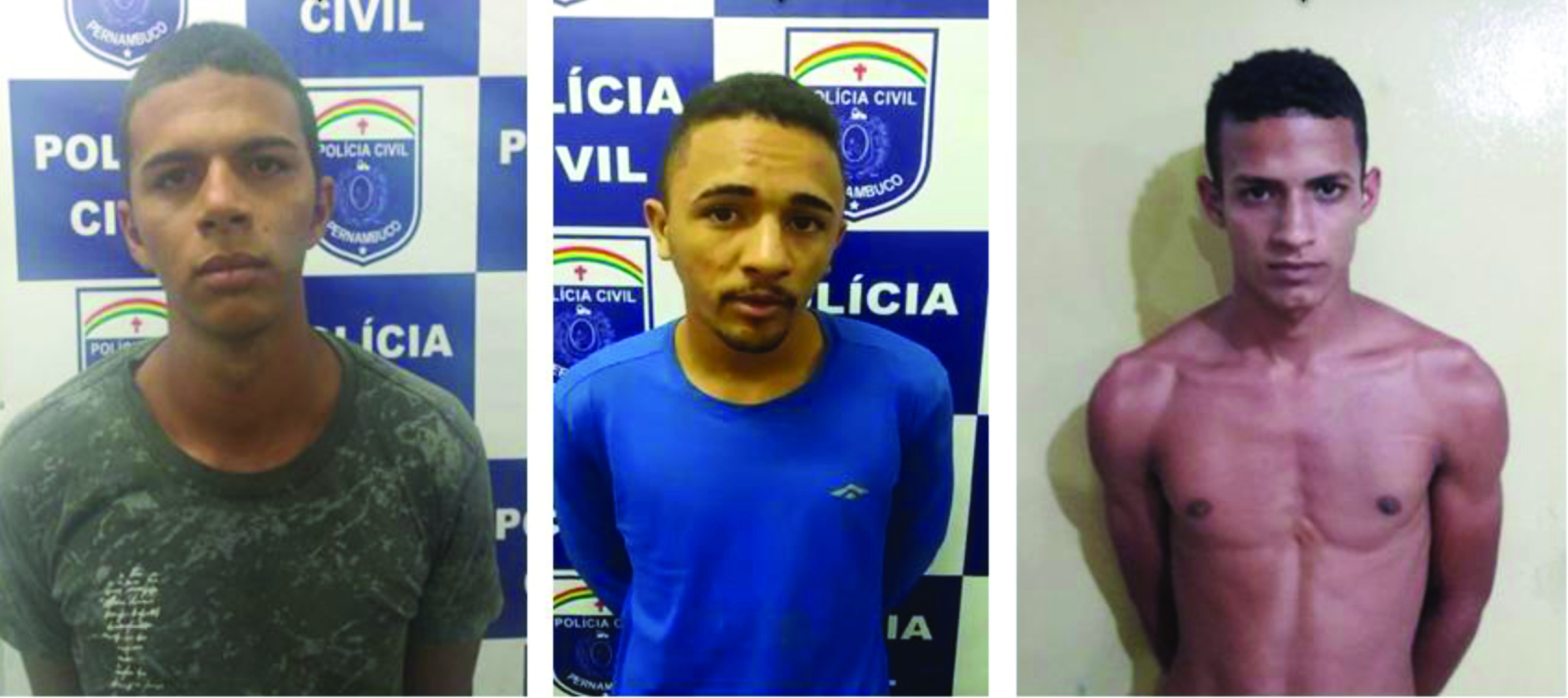 Willams à esquerda, Fabrício no centro e Erlan à direita são apontados pela Polícia como os autores do latrocínio de Nathália Andrade. Crédito: PCPE Divulgacão