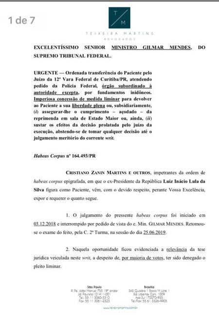 Petição endereçada ao ministro Gilmar Mendes. Foto: Reprodução