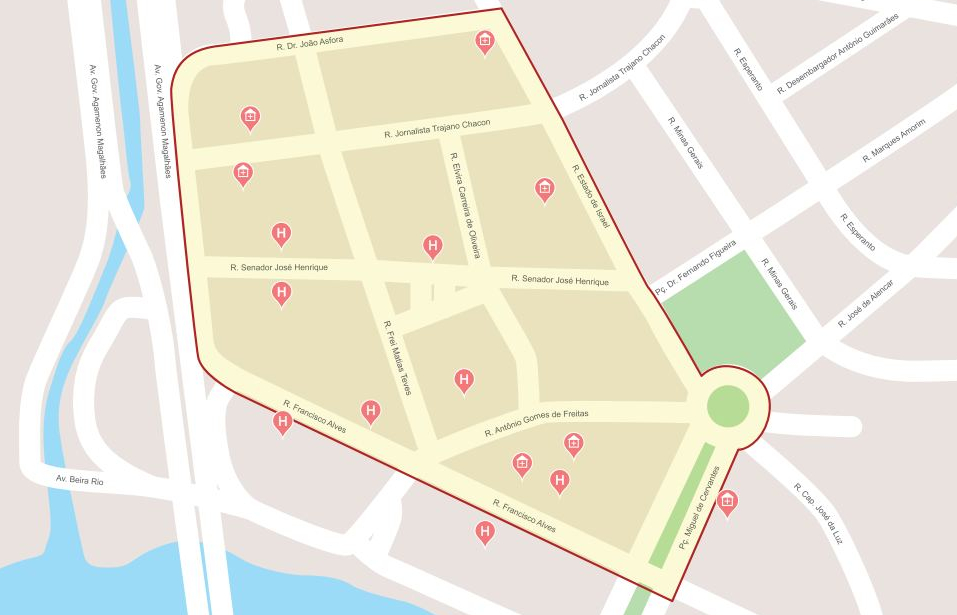 Mapa da Zona 30 da Ilha do Leite. Espaços amarelados são onde a velocidade foi reduzida. Arte: CTTU/Divulgação