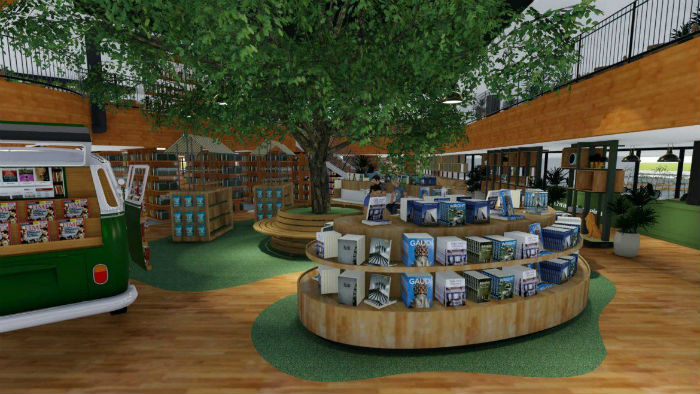 O espa&ccedil;o interno vai simular um jardim, com carpetes verdes, uma jaqueira gigante artificial e uma Kombi equipada com livros. Foto: Ponto 5 Arquitetura/Divulga&ccedil;&atilde;o./