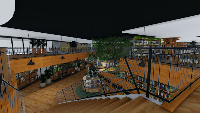 Projeto leva a assinatura da Ponto 5 Arquitetura e conta com a reprodução de uma Jaqueira em tamanho real ao centro. Foto: Ponto 5 Arquitetura/Divulgação.
