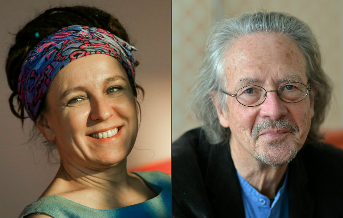Autora polonesa Olga Tokarczuk e o romancista e dramaturgo austríaco Peter Handke. Foto: Barbara Gindl, Beata Zawrel/APA/AFP/ Autora polonesa Olga Tokarczuk e o romancista e dramaturgo austríaco Peter Handke. Foto: Barbara Gindl, Beata Zawrel/APA/AFP/