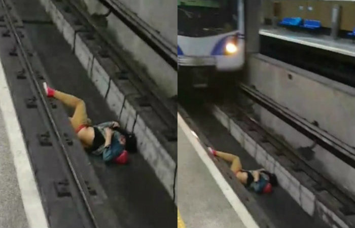 Um homem que caiu nos trilhos da estação São Joaquim, na linha 1-azul do metrô e quase foi atropelado/Foto: Reprodução/Facebook