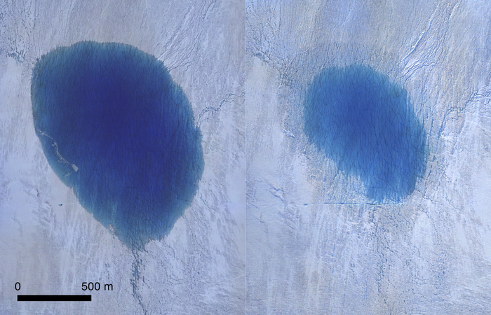Fotos aéreas tiradas pelo pequeno drone da equipe de pesquisadores mostram a situação do lago antes e depois da infiltração/Foto: Tom CHUDLEY / AFP Fotos aéreas tiradas pelo pequeno drone da equipe de pesquisadores mostram a situação do lago antes e depois da infiltração/Foto: Tom CHUDLEY / AFP