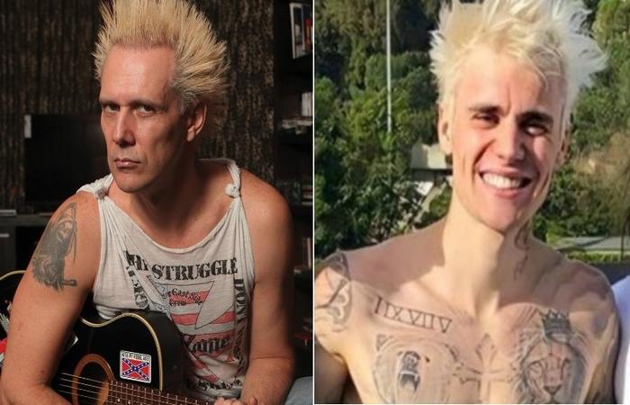 Em uma foto sem camisa ao lado de jovens em um campo esportivo, o cabelo de Bieber, loiro espetado, se assemelha ao do brasileiro/Foto: Reprodução/Twitter Em uma foto sem camisa ao lado de jovens em um campo esportivo, o cabelo de Bieber, loiro espetado, se assemelha ao do brasileiro/Foto: Reprodução/Twitter