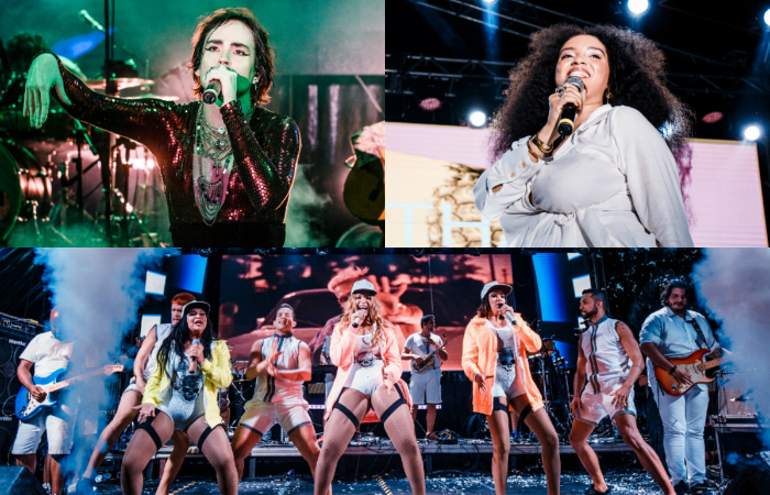 Johnny Hooker (superior esquerdo), MC Tha (superior direito) e Amigas (abaixo)./Foto: Maquina3/Divulga&ccedil;&atilde;o