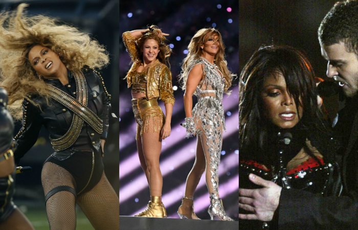 Beyoncé (2016), Shakira e Jennifer Lopez (2020) e Janet Jackson e Justin Timberlake (2004)./Foto: Matt Slocum/AFP, Kevin Winter AFP e CBS/Reprodução Beyoncé (2016), Shakira e Jennifer Lopez (2020) e Janet Jackson e Justin Timberlake (2004)./Foto: Matt Slocum/AFP, Kevin Winter AFP e CBS/Reprodução