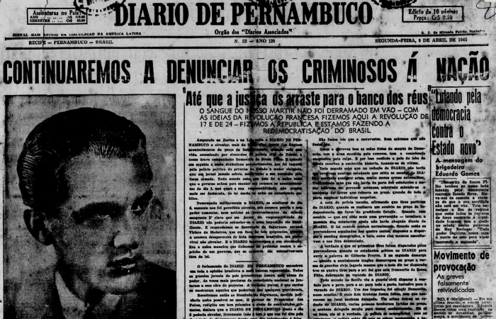Capa do Diario após assassinato de Demócrito Souza Filho na Pracinha no Diario (9 de abril de 1945)