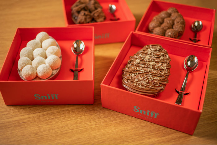 Sniff Brigadeiros com linha de ovos de colher nos sabores ninho e nutella, brigadeiro tradicional, brownie e trufado