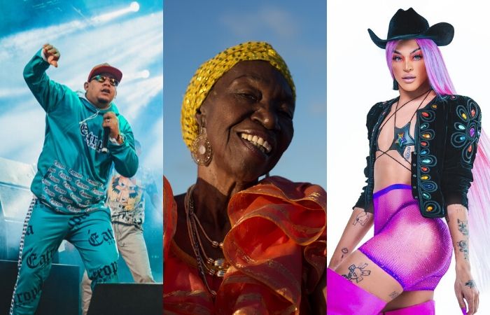 Shevchenko, Lia de Itamaracá e Pabllo Vittar/Foto: Agência Hangout, Lia de Itamaracá e Ernna Costa/Divulgação Shevchenko, Lia de Itamaracá e Pabllo Vittar/Foto: Agência Hangout, Lia de Itamaracá e Ernna Costa/Divulgação