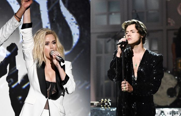 Katy Perry em apresentação engajada em 2017 e Harry Styles em 2020./Foto: CBS e NBC/Divulgação Katy Perry em apresentação engajada em 2017 e Harry Styles em 2020./Foto: CBS e NBC/Divulgação