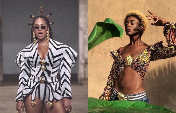 Beyoncé (direita) vestindo roupa idealizada por Loza Maléombho (esquerda) (Foto: Disney/Reprodução e Instagram/Reprodução) Beyoncé (direita) vestindo roupa idealizada por Loza Maléombho (esquerda)/Foto: Disney/Reprodução e Instagram/Reprodução
