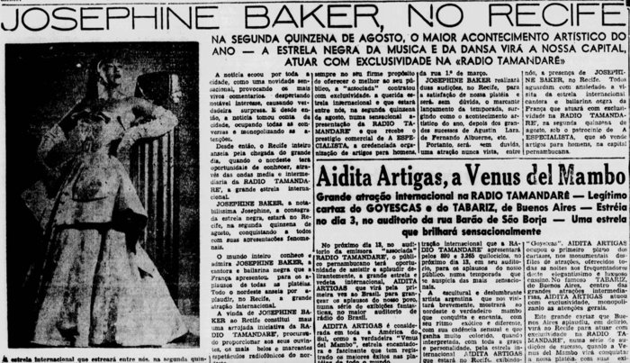 Notícia sobre show de Baker no Recife, publicada em 3 de agosto de 1952