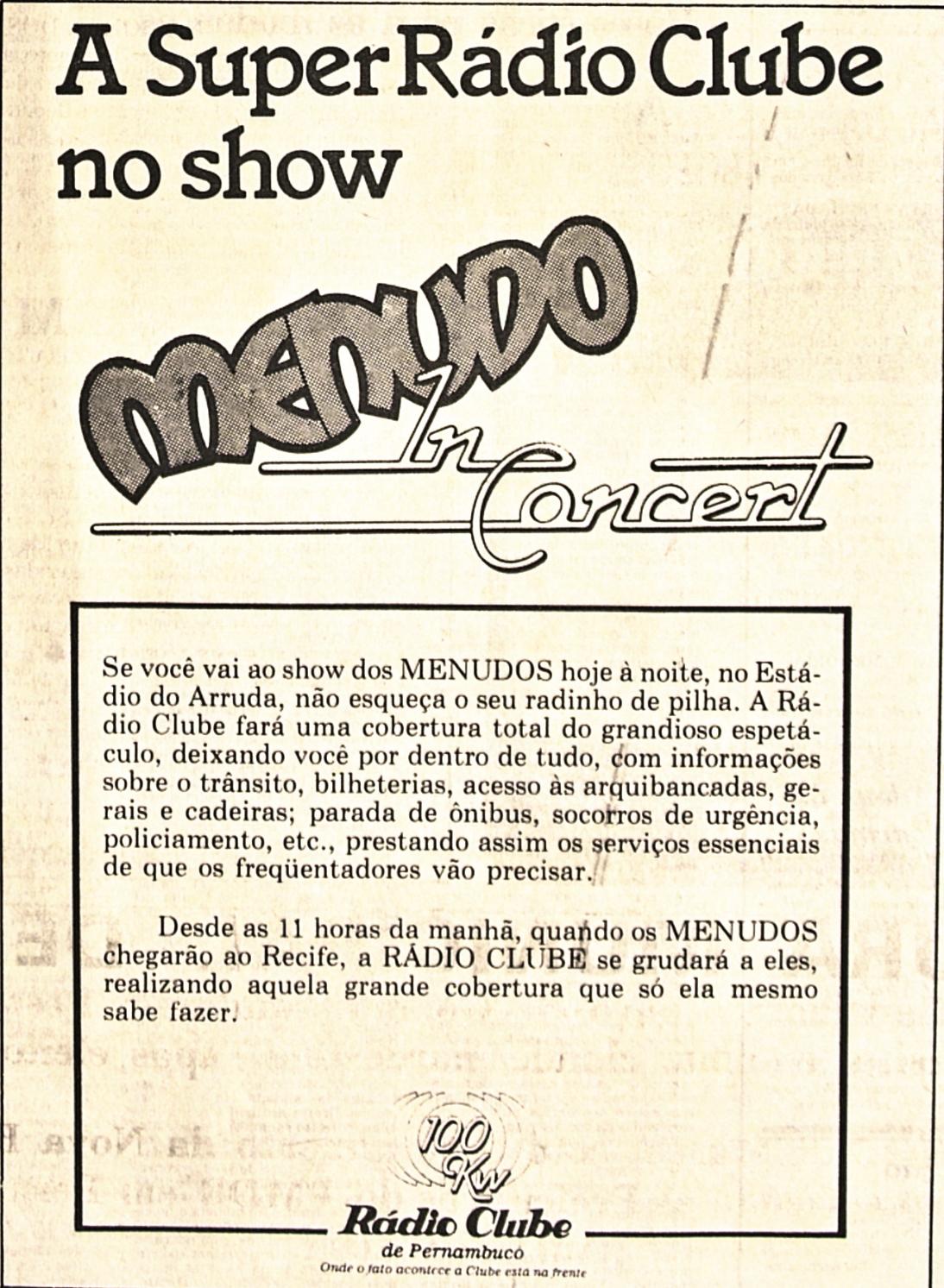 Anúncio da Rádio Clube em 1º de março de 1985