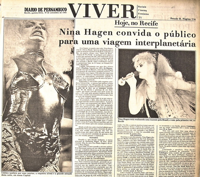 Capa do caderno Viver em 18 de setembro de 1985, divulgando show de Nina Hagen.