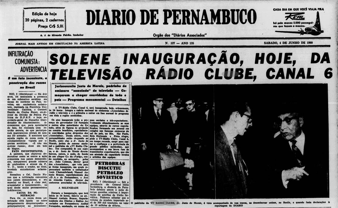 Capa do Diario de Pernambuco no dia da inauguração da TV Rádio Clube