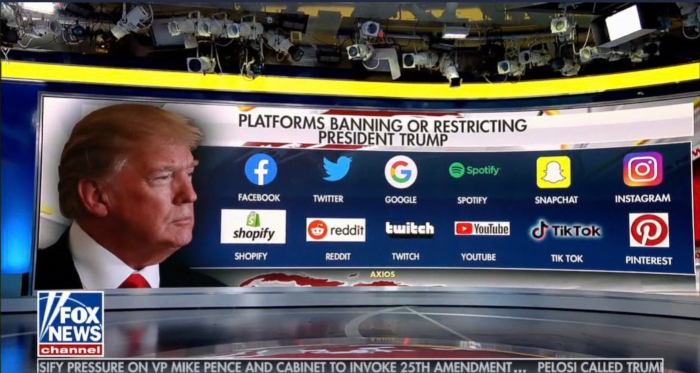 Rede de televisão Fox News mostra lista de redes sociais que impuseram restrições a Donald Trump; assunto repercutiu na internet
