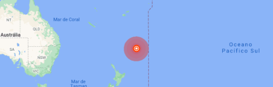 /O tremor, registrado depois de outros dois sismos de magnitudes 7,4 e 6,9 na mesma região, ocorreu às 08h28 locais (16h28 de Brasília) a 1.033 km da costa neozelandesa. Foto: Reprodução/Google /O tremor, registrado depois de outros dois sismos de magnitudes 7,4 e 6,9 na mesma região, ocorreu às 08h28 locais (16h28 de Brasília) a 1.033 km da costa neozelandesa. Foto: Reprodução/Google