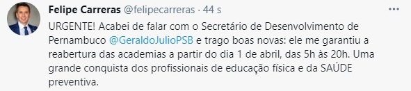 Deputado federal anunciou a medida na rede social depois de falar com secretário.
