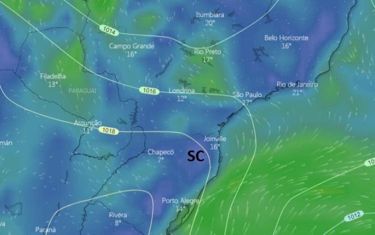 /Quarta será o dia onde a massa de ar frio mais estará próxima de SC. Foto: Reprodução/Windy