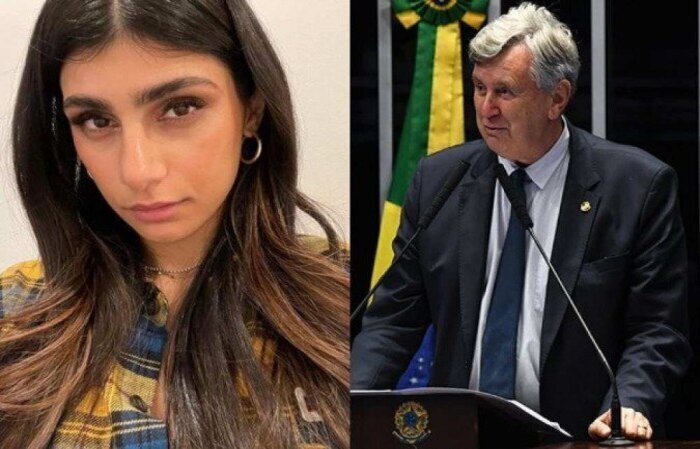 Estrela de filmes adultos, Mia Khalifa viralizou ao ironizar associações ao discurso do senador Luis Carlos Heinze na CPI da Covid: "aquela sensação de quando você cura a Covid no Brasil"/crédito: Mia Khalifa/Instagram/Reprodução e Divulgação/Senado Federal