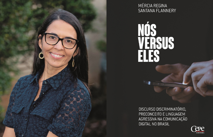 Mércia Flannery e capa do livro Nós Versus Eles/Foto: Cepe/Divulgação Mércia Flannery e capa do livro Nós Versus Eles/Foto: Cepe/Divulgação