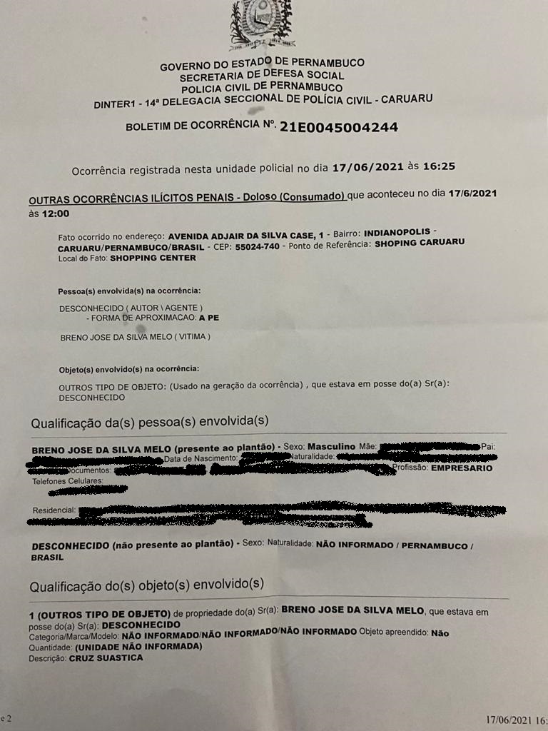 As informações pessoais do denunciante foram omitidas por razões de segurança