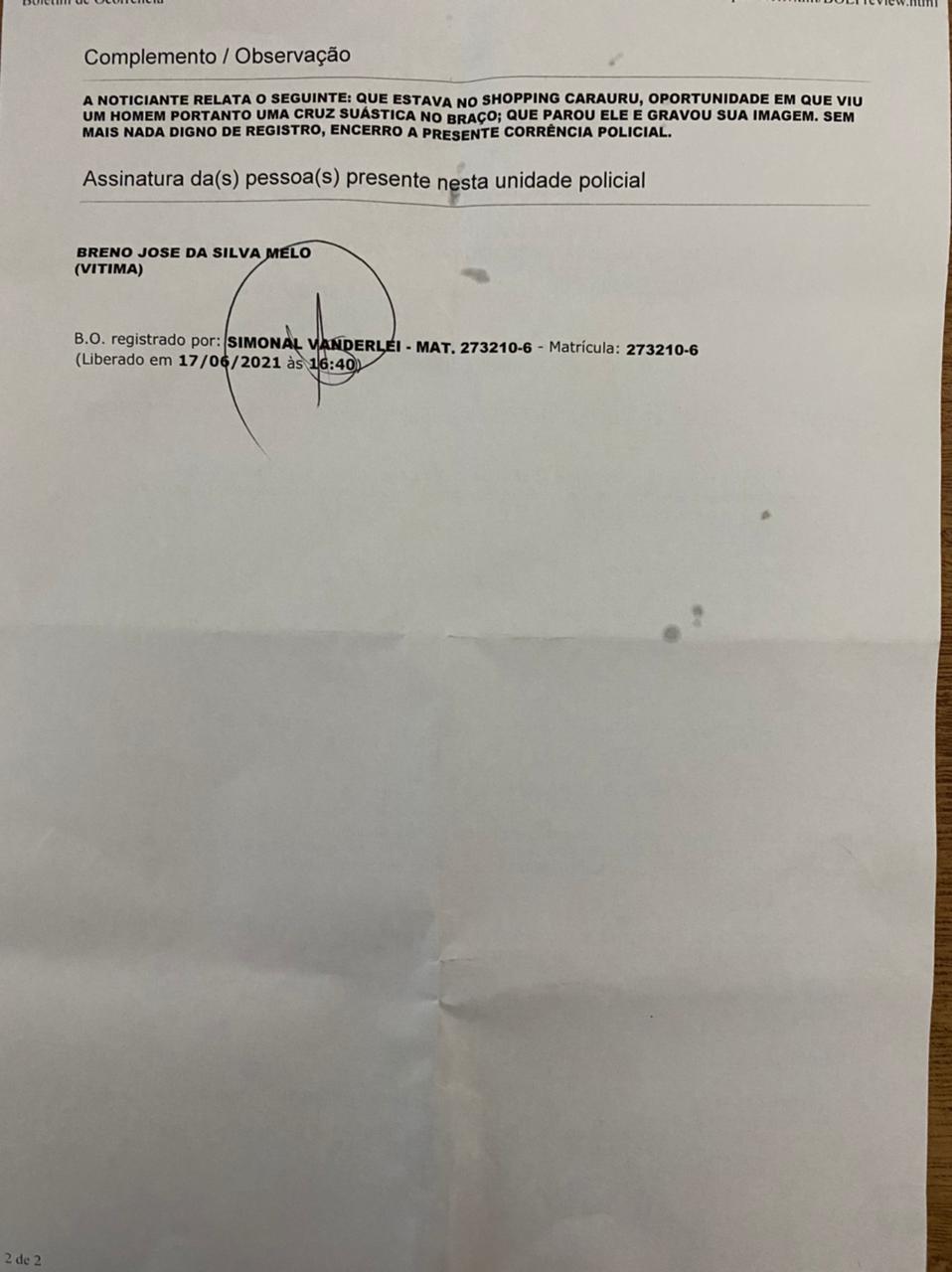 As informações pessoais do denunciante foram omitidas por razões de segurança