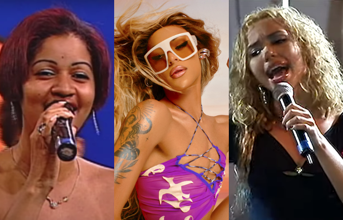 Eliza Mell e Mylla Karvalho nos anos 2000 e Pabllo Vittar (centro)/Foto: YouTube/Reprodução e Ernna Costa/Divulgação