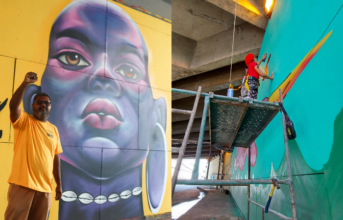 Adelson Boris construiu o painel Inã (fogo), em que se visualiza uma mulher ladeada por duas sankofas
