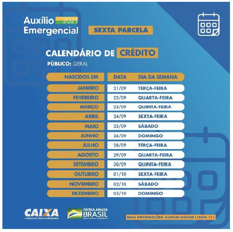 Calendário de pagamentos da sexta parcela do auxílio emergencial