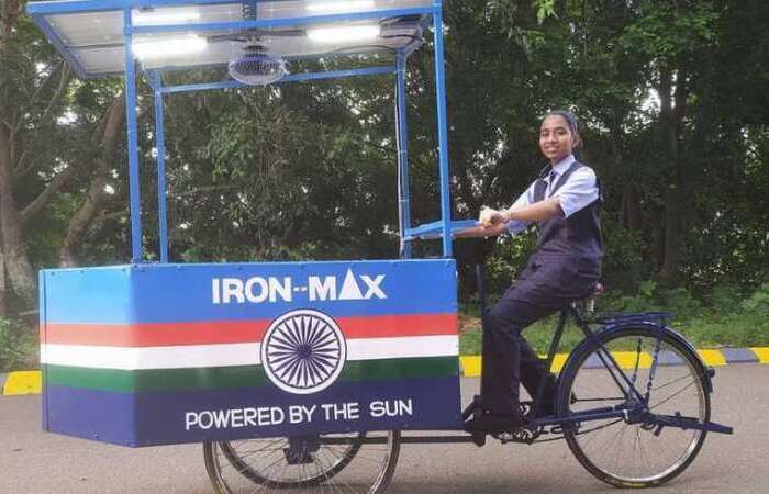 Vinisha teve a ideia de fazer a bicicleta com ferro de passar embutido que se sustenta por energia solar, 100% renovável e limpa/Foto: Reprodução/Instagram
