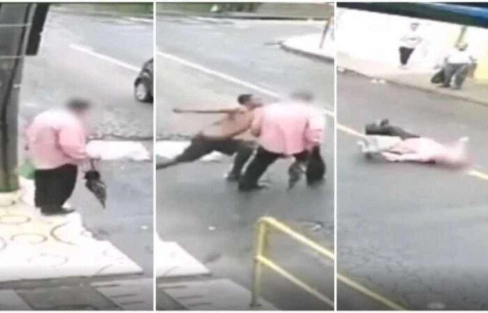 Vídeo mostra quando a vítima inicia a travessia da rua e é surpreendida pelo agressor; idoso afirmou que não tem ideia do motivo da agressão/Foto: Reprodução/Câmeras de monitoramento Vídeo mostra quando a vítima inicia a travessia da rua e é surpreendida pelo agressor; idoso afirmou que não tem ideia do motivo da agressão/Foto: Reprodução/Câmeras de monitoramento