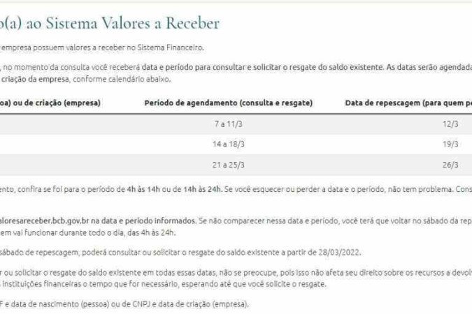 /crédito: Reprodução/valoresareceber.bcb.gov.br