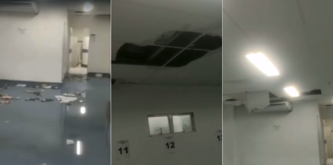 Parte do forro de gesso da enfermaria da clínica médica do Hospital Getúlio Vargas, caiu por causa de uma infiltração./Mídias sociais/Reprodução
